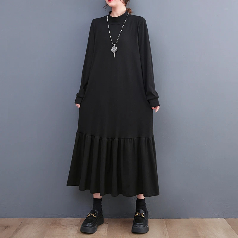 Vestido sereia emaecedor na altura do joelho, soltinho, com gola alta, estilo novo para outono/inverno, preto, camada base.