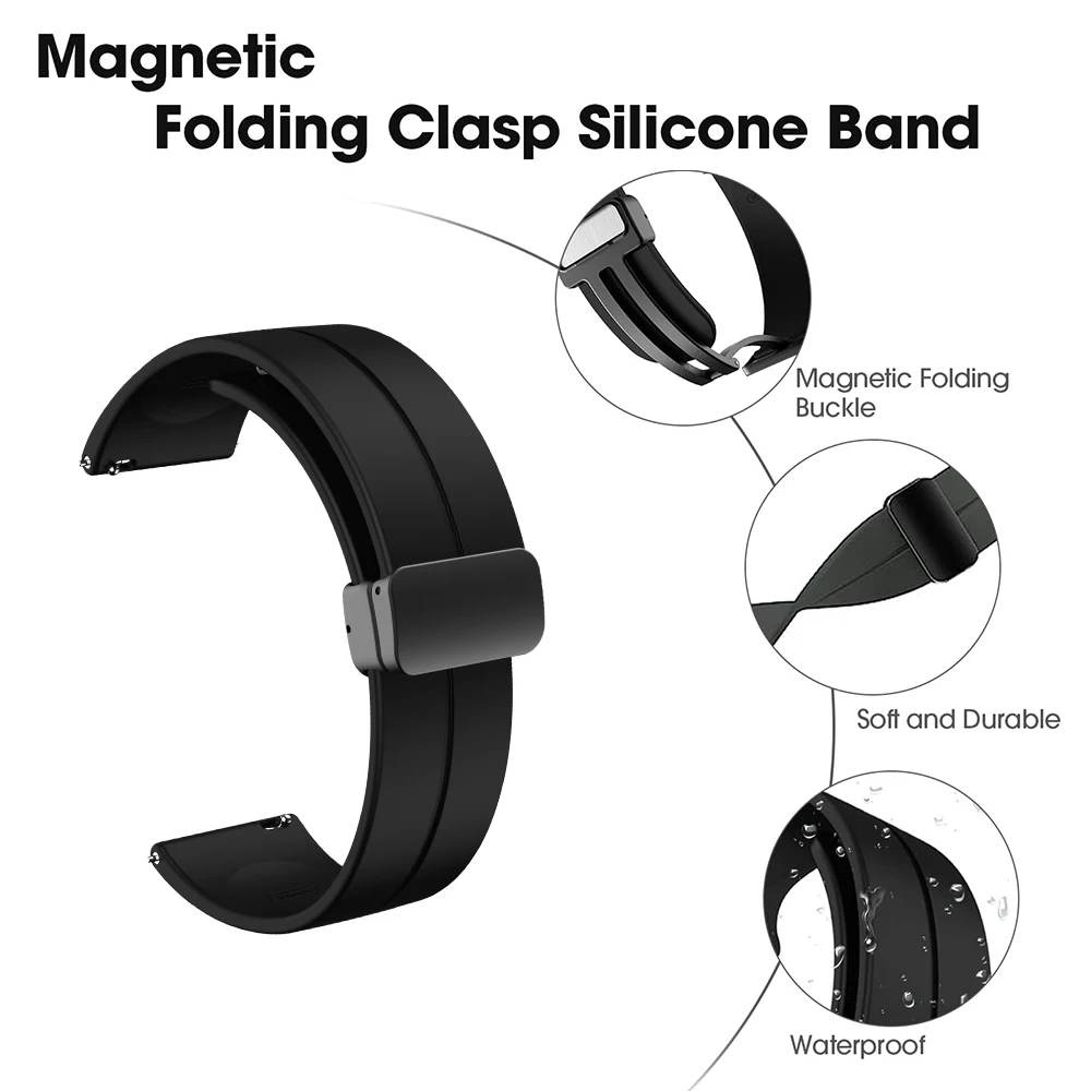 Silicone Watchband Compatible with  CMF Watch Pro 1 2 Black Folding Magnetic Buckle Accessory Strap for CMF Watch Pro 22mm Strap