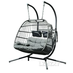 2 Person Double Egg Swing Chair With Stand Indoor Outdoor Patio Wicker Rattan Hanging Egg Chair W/Cushion Pillow Foldable