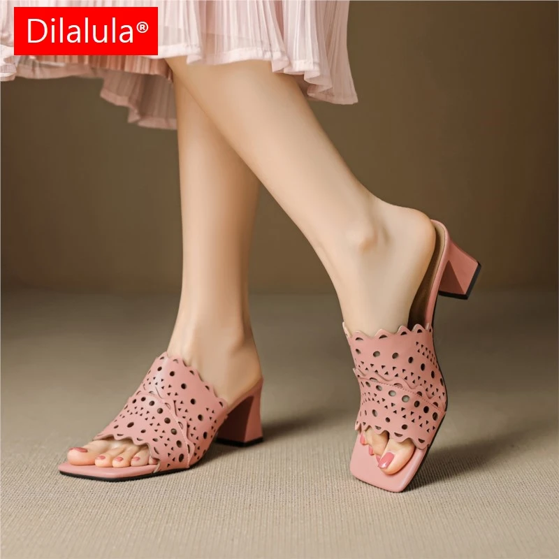 

Dilalula 2025 летние полые тапочки из натуральной кожи для молодых женщин, туфли-лодочки на толстом высоком каблуке с открытым носком для вечеринок и свиданий, женские модельные туфли