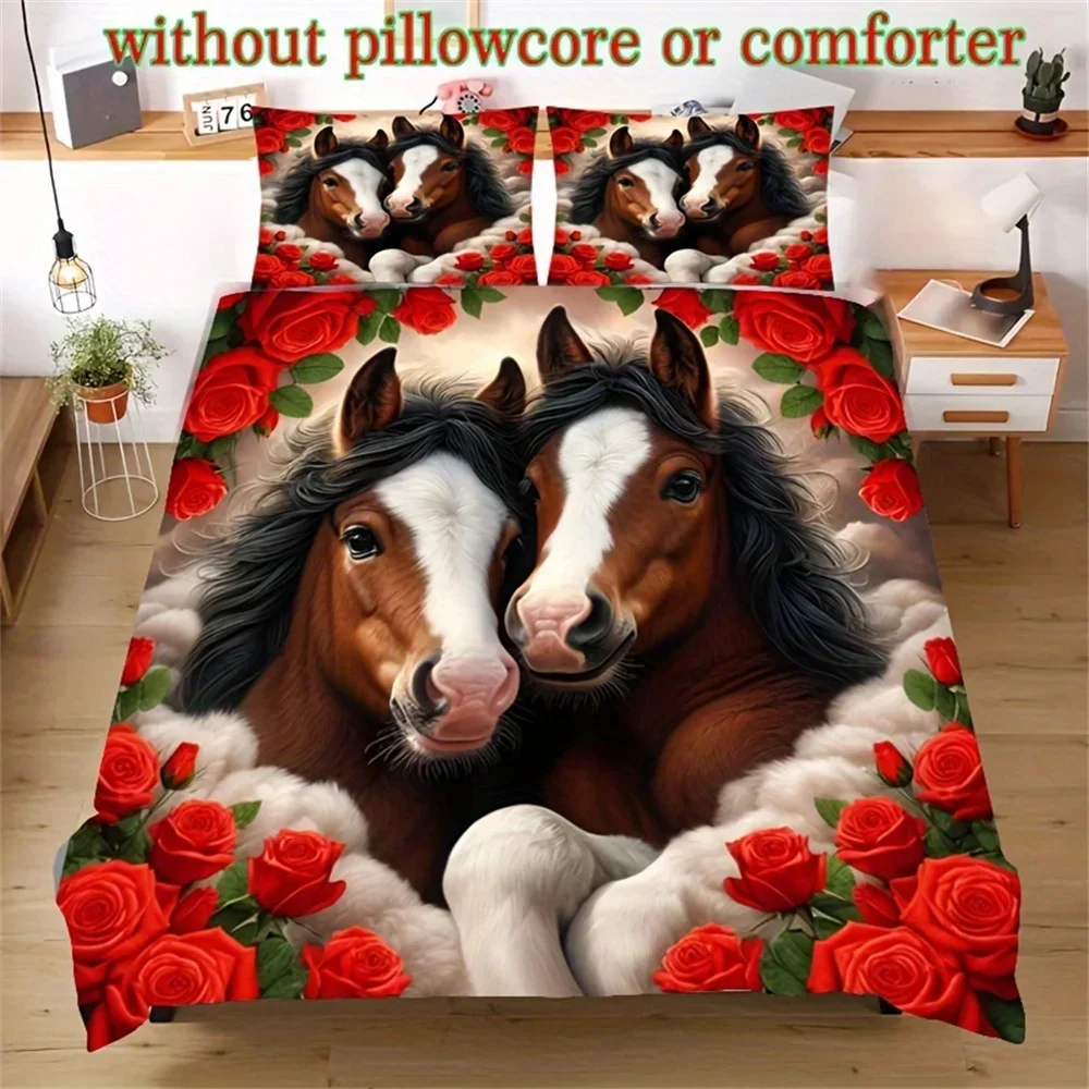 3D Animal Print Duvet Cover Set Horse and Rose Pattern Digital Print Bedding Set with Pillowcases (No Duvet Insert)  All Seasons