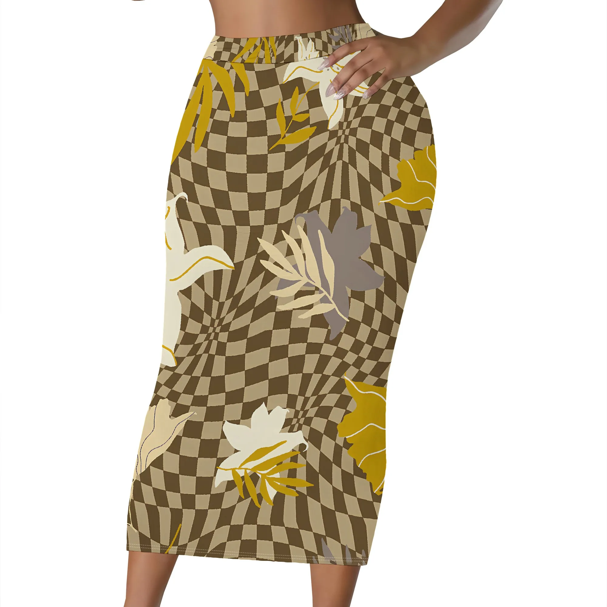 Vintage-Karo, Midirock, Blattmuster, Retro-Stil, Bürokleidung, Party-Outfit, S-2XL – Detail 1