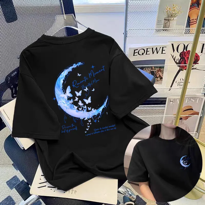 Camiseta con estampado de Luna Azul para mujer, camiseta de manga corta de algodón 100% de alta calidad, Tops Y2k, ropa elegante para mujer 2025