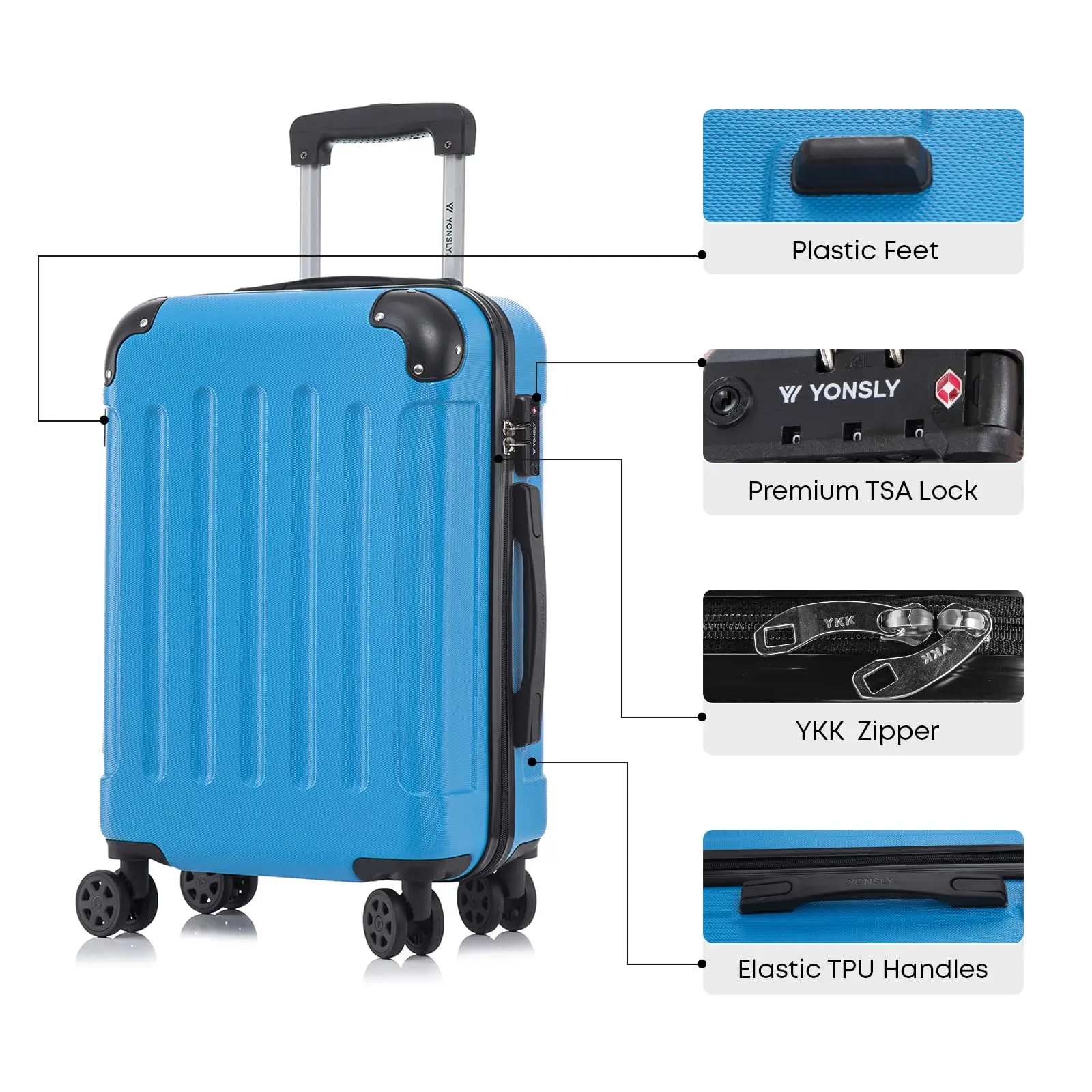 Valise YONSLY 20/24/28 pouces avec serrure TSA, fermeture éclair YKK, 4 roues 360° °   Valise rigide à roulettes pour cabine, valise de voyage à coque dure