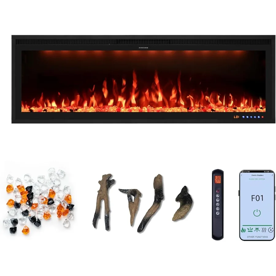 Chimenea eléctrica ultrafina de 50 pulgadas, insertos integrados y de montaje en pared para salas de estar y dormitorios modernos, marco ultraestrecho D