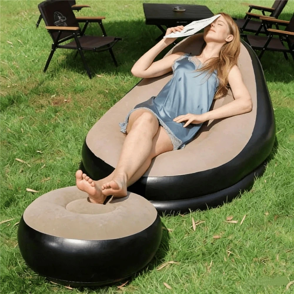 ポータブルインフレータブルレイジーソファ（フットスツール付き）、人気のアウトドアキャンプ用ラウンジャー、耐水性・耐摩耗性エアマットレス