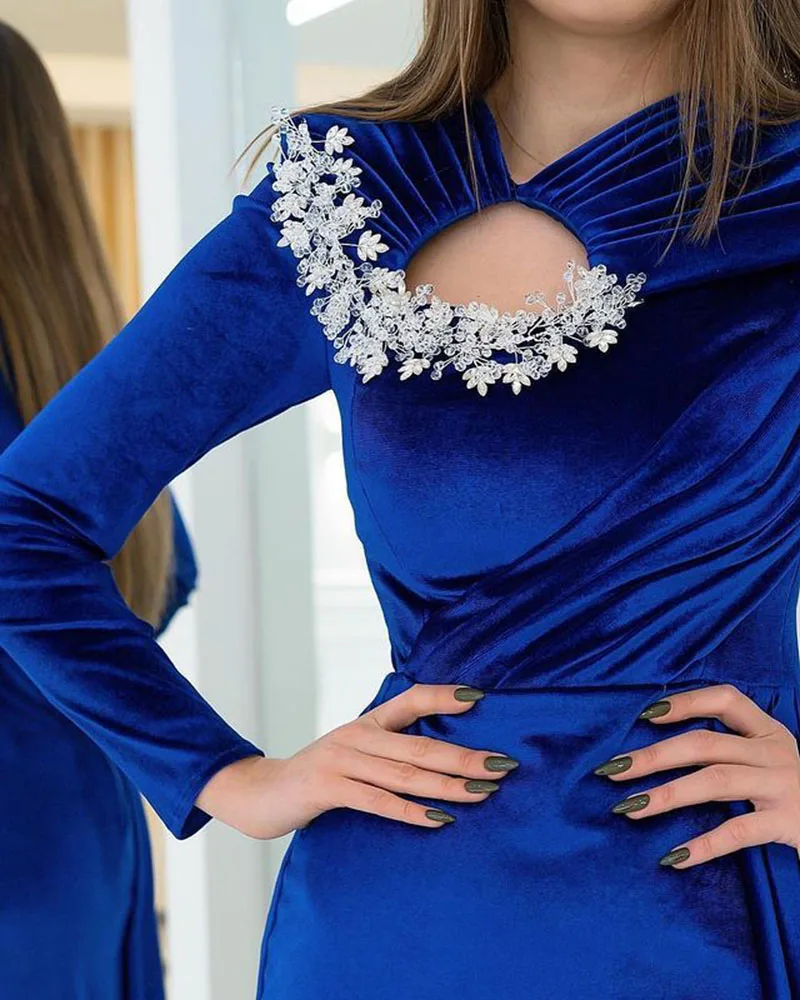 SoDigne-Royal Blue Sereia Vestidos de noite, fenda lateral, mangas compridas, vestido de baile formal, Arábia Saudita Ocasião, Vestidos de baile, 2023