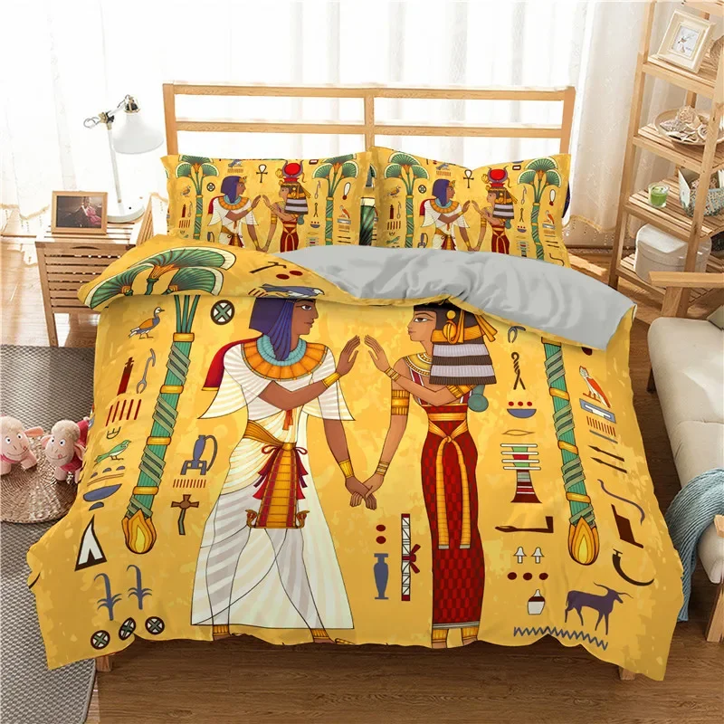 Egyptian Bedding Set Exotic Tribal Retro Theme Ancient Egypt Civilization Characters Duvet Cover Boho Animals Floral Pillowcases