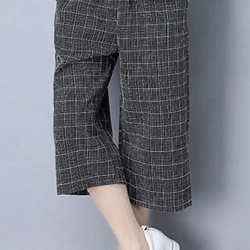 

Женский комплект из 2 предметов в клетку, повседневный топ с круглым вырезом и короткими рукавами, укороченные брюки, комплект с карманами, летний свободный комплект для отдыха, льняной хлопок