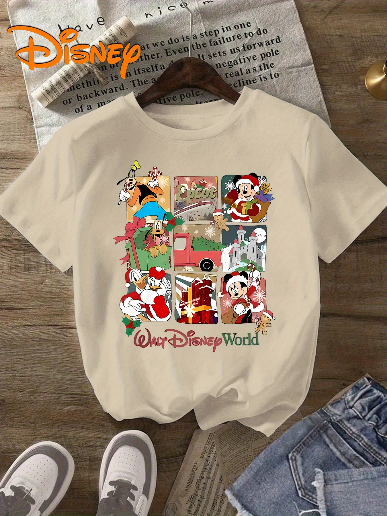 

Disney Women's Christmas Character Grid Printed T-shirt - Mickey Donald Duck and Goofy Black Short Sleeve Round Neck