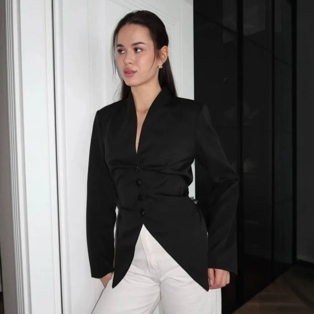 V Neck Women Blazer Suit Soft Weave Wrinkle Resist V Neck Blazer Boxy Silhouette Elegant Waist Curve Waist Cinch Blazer