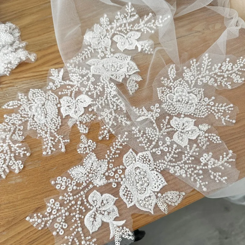 Beaded Lace Applique Set Ivory Wedding Dress Veil Trim 1 Pair