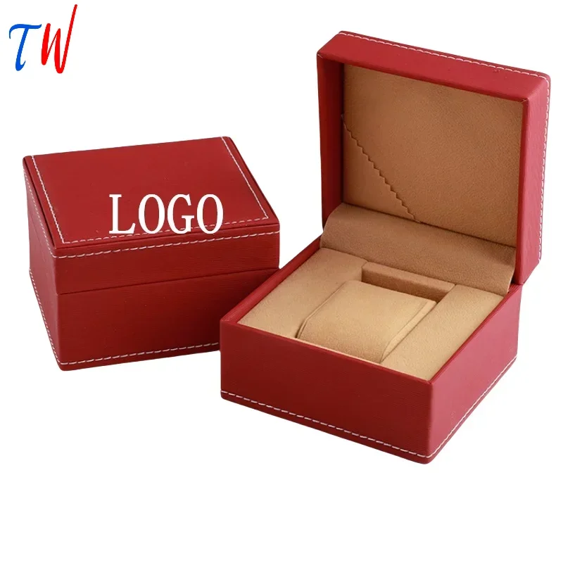 White Stitching Surface Red Line Texture Plush Brown PU Leather Flip Watch Case Box Free Customization Logo Watch Box Organizer