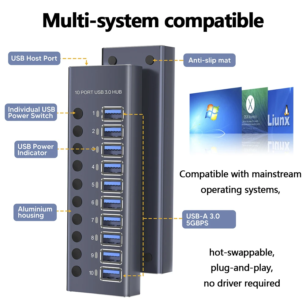 Multi-Port USB 3.0 Data Hub with 10 Ports, Independent Switches, and Power Adapter