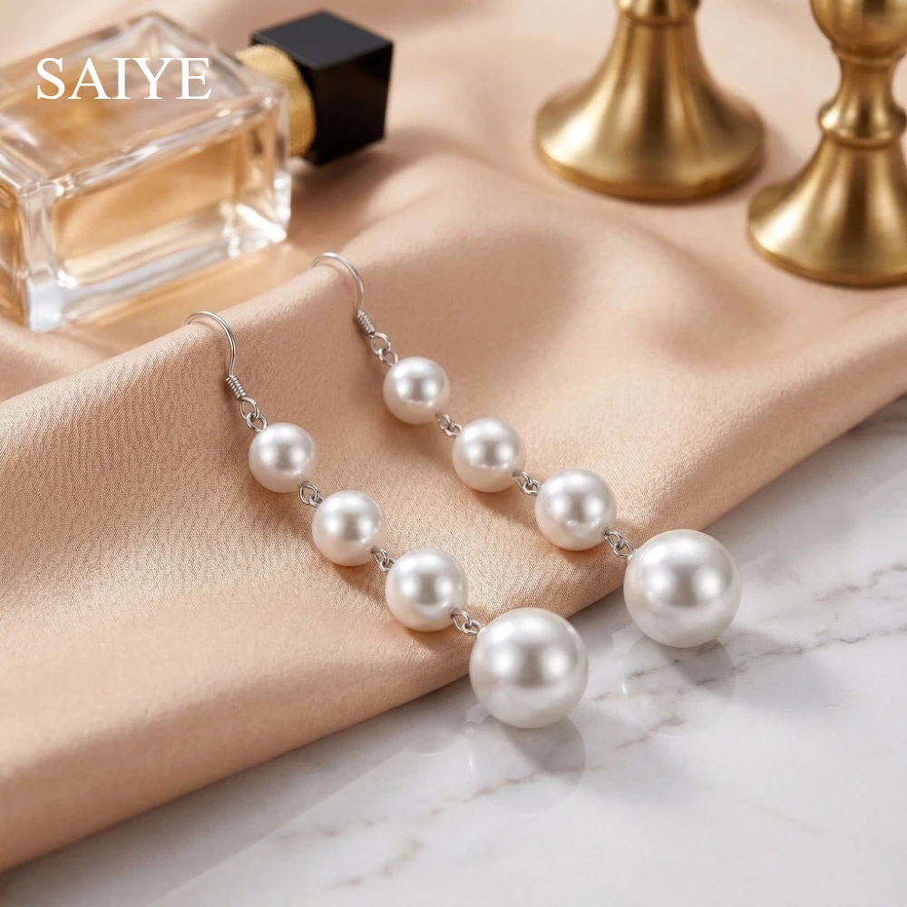 Luxury 925 Silver Long Pearl Dangle Earrings, Graduated Pearl Chain Drop Earrings, Wedding Party Jewelry Gift for Ladies