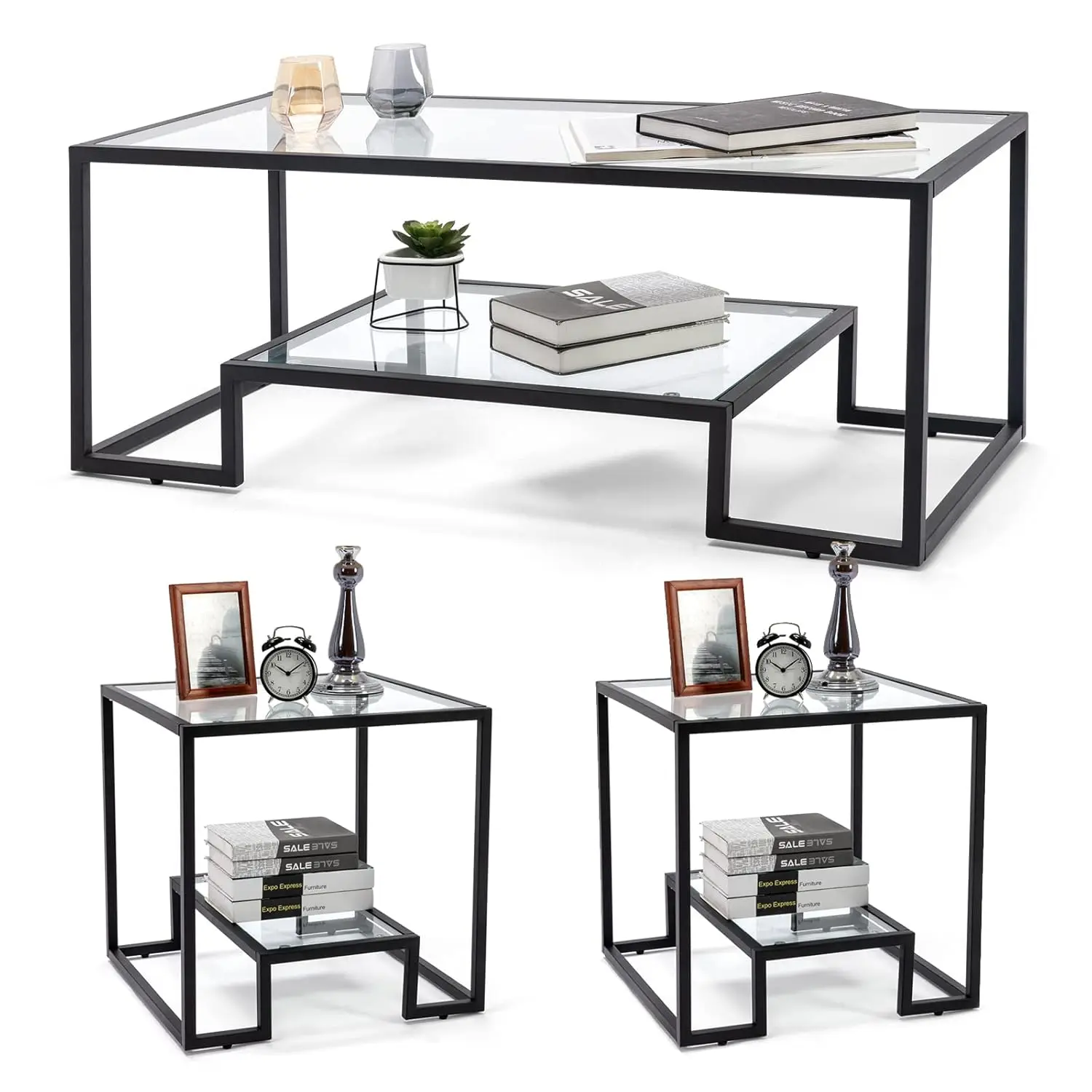 

Simple Modern Glass 3-Piece Table Set, Includes Coffee Table And 2 End Tables, Black