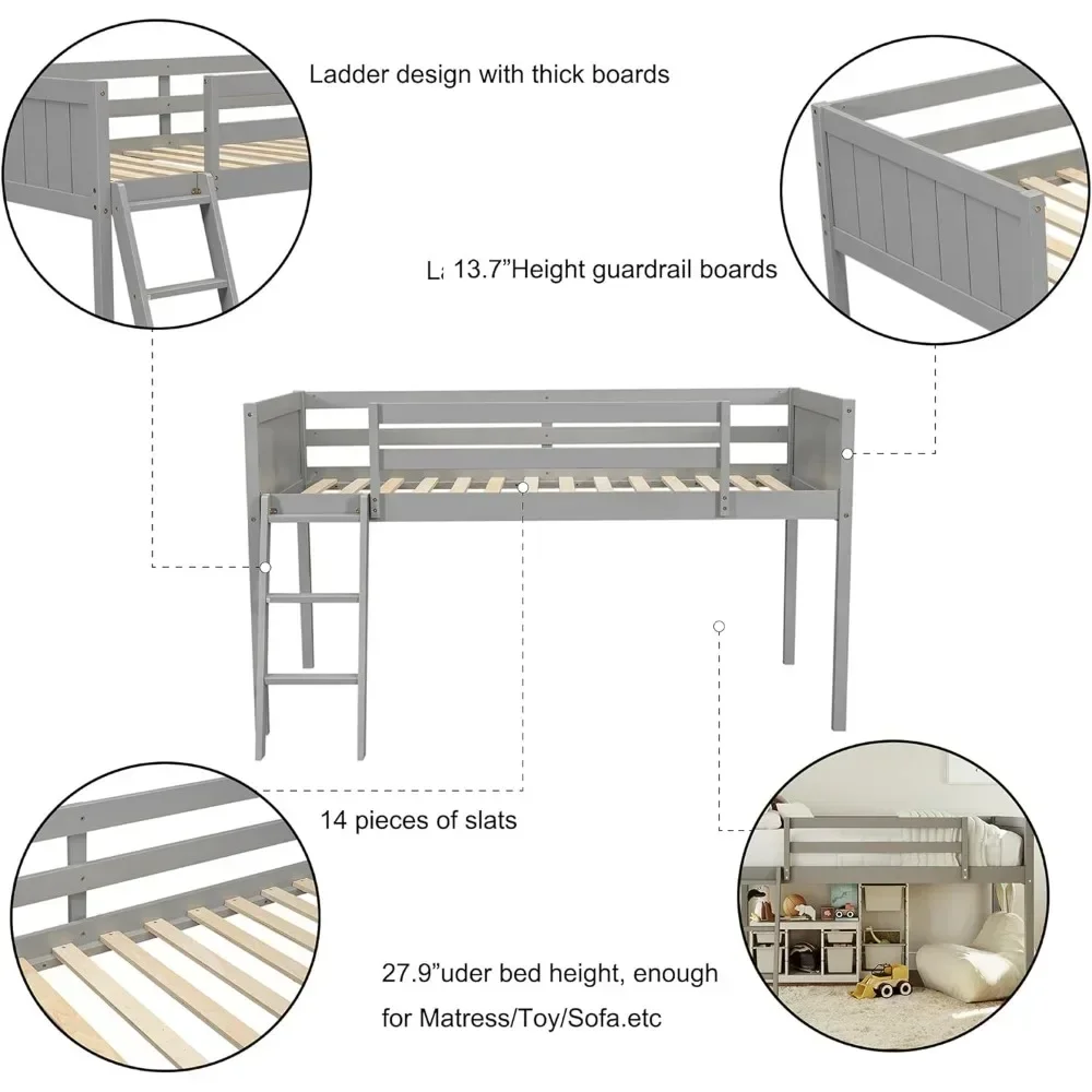 Niedriges Hochbett aus Holz mit Leiter, niedriges Hochbett aus Holz mit Geländer für Kinder oder Jugendliche, platzsparend, kein Boxspringbett erforderlich, Einzelgröße