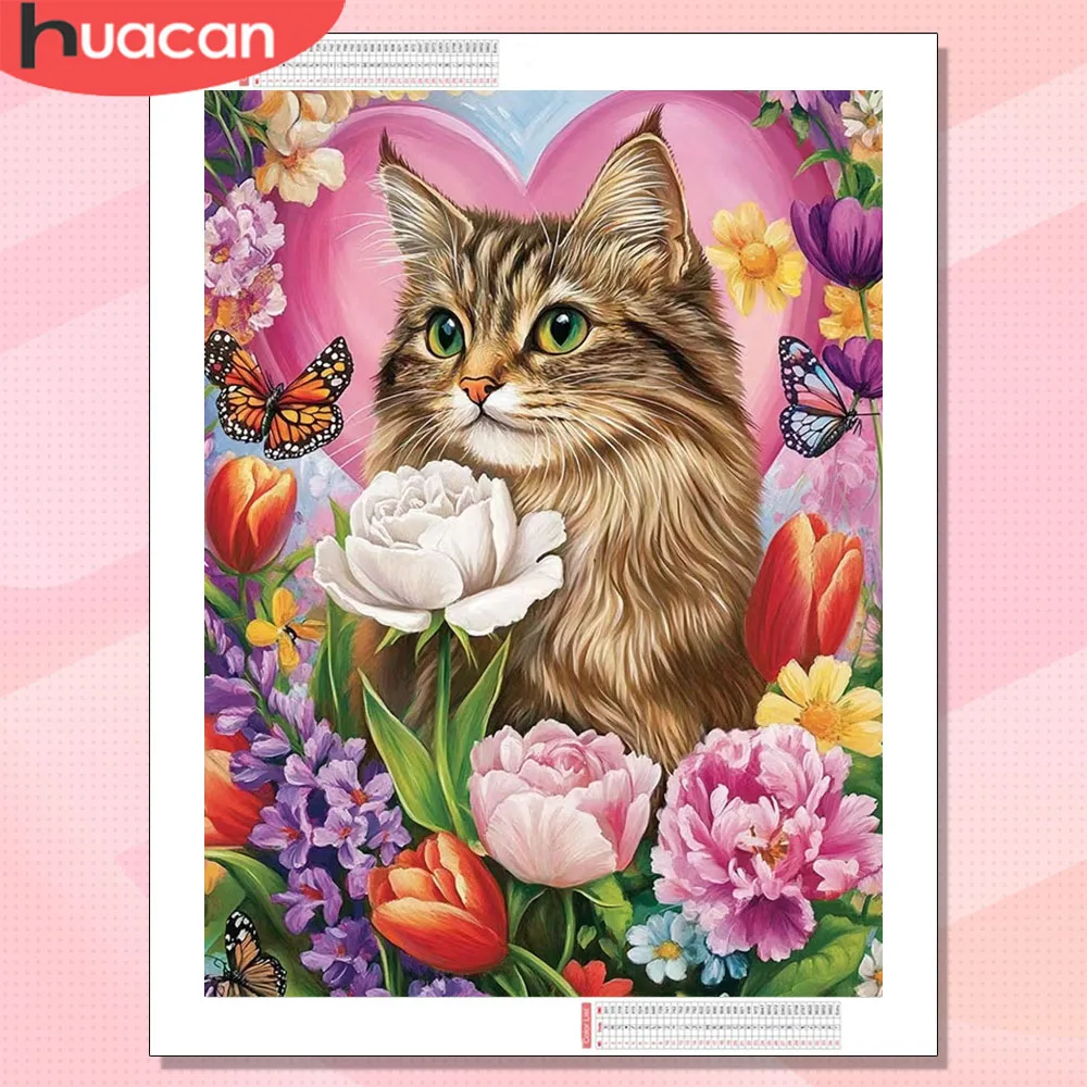 

HUACAN Diamond Embroidery Cat AnimalPainting 5d Rose Peony Floral Art Full Square Round Drill Handmade Rhinestones Picture