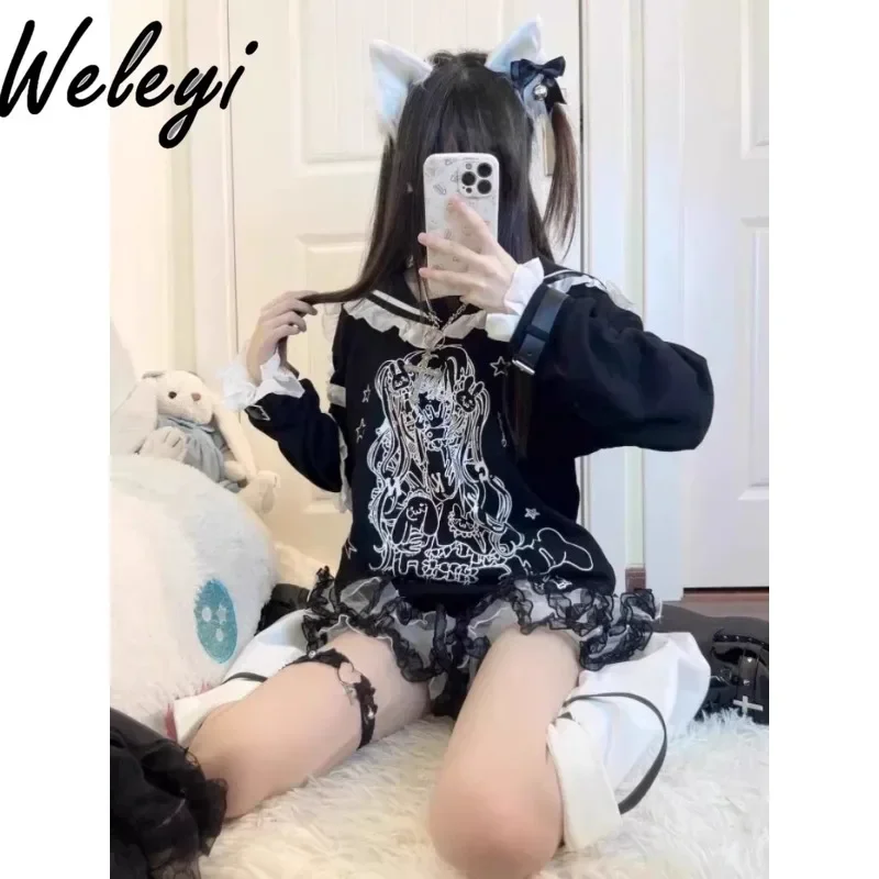 

Cute Y2k Hoodies Fashion Millennium Hot Girl Japanese Two Dimensional Animation Printed Armband Collar Women's Casual Goth tops