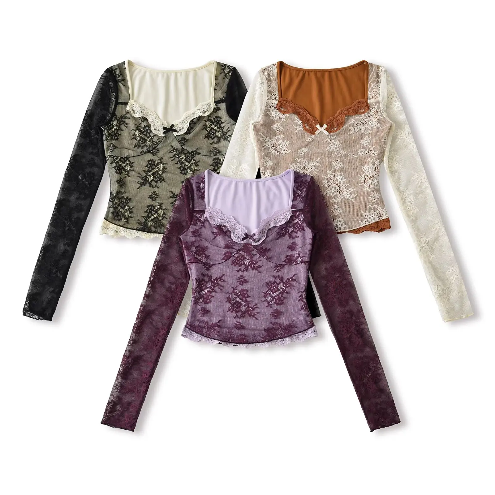 Seksowna bluzka z kwadratowym dekoltem, koronkowymi wstawkami, długim rękawem, wyszczuplająca bielizna damska, top bazowy dla seksownych dziewczyn, do noszenia na co dzień.