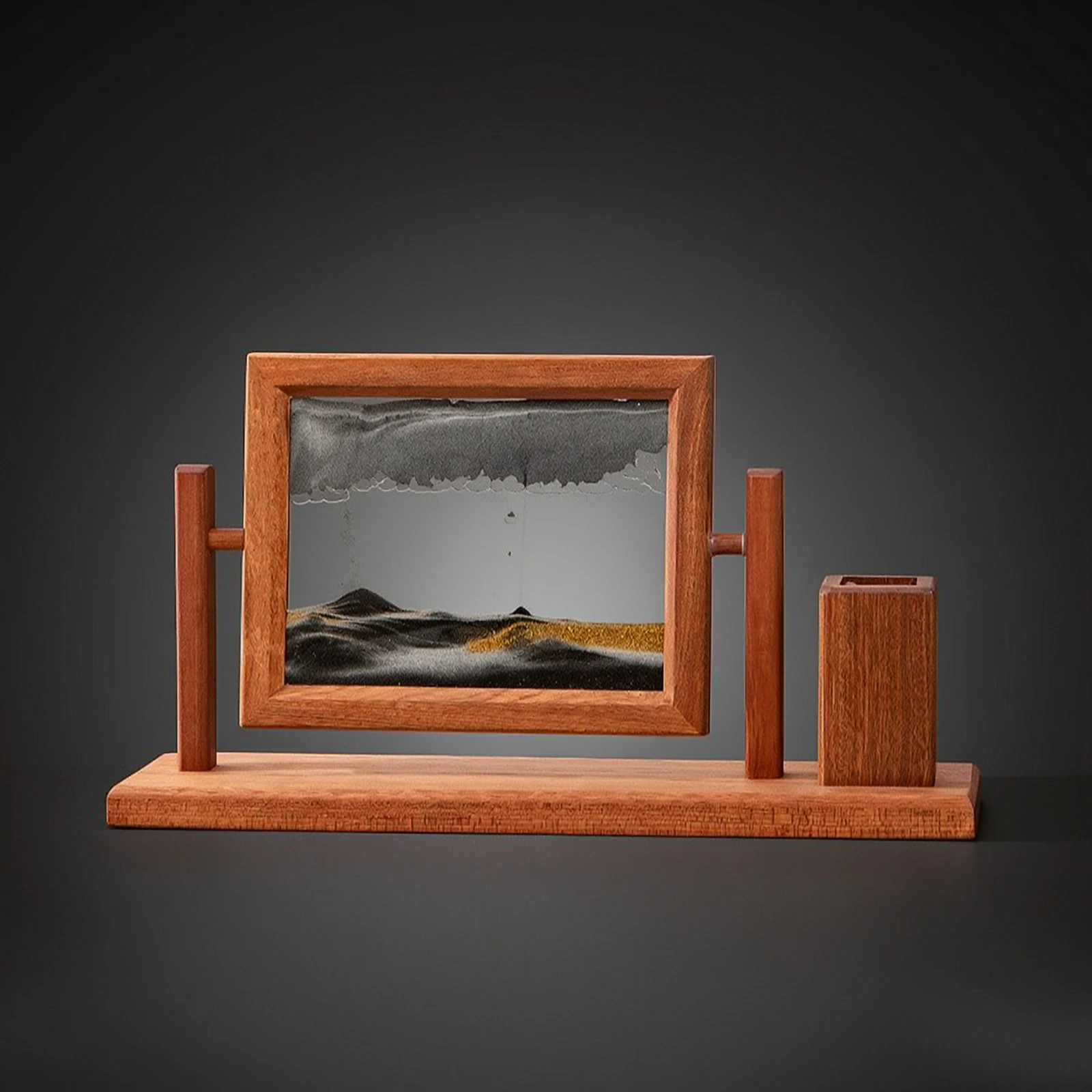 Sand Art Frame with Pen Holder Wooden Rotating Sand Art Frame Sandscape Relaxing Decor Kinetic for Professionals, Office, Study