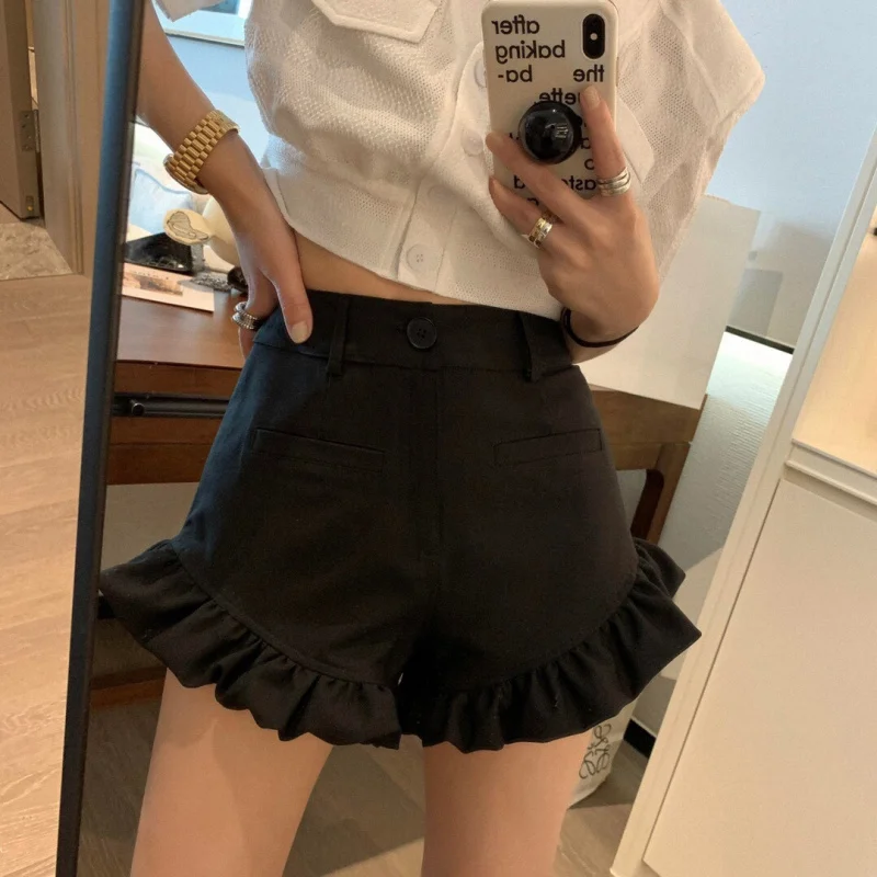 

Ruffled Hem Blazer Shorts for Women, Summer New High-Waisted Slimming Design with Ruffled EdgesAWord Wide Leg Hot Pants