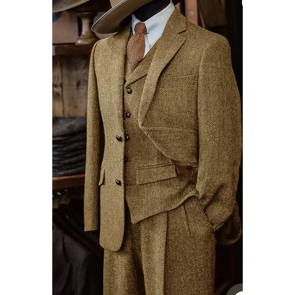 

Mens Herringbone Suit 3 Piece Set Single Breasted Casual Business Suits for Men Comfortable Breathable Blazer Pants Vest Formal