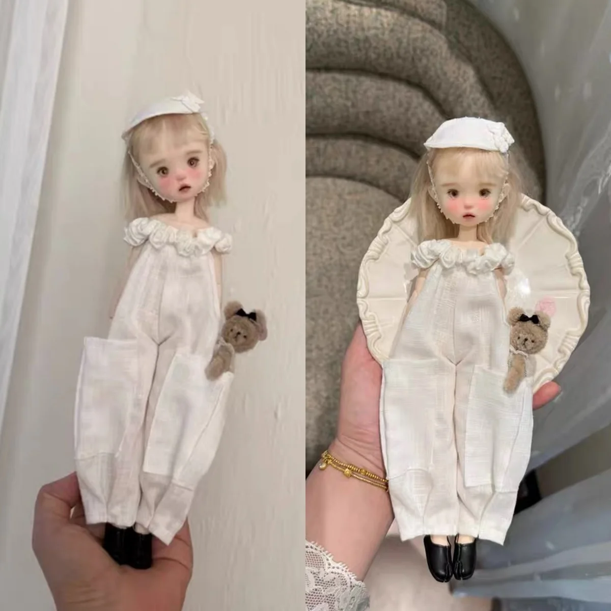 1/6 Azone Doll Clothes Accessories Simple White Linen Off-the-shoulder Jumpsuit + Headwear For Blythe OB24 Azone