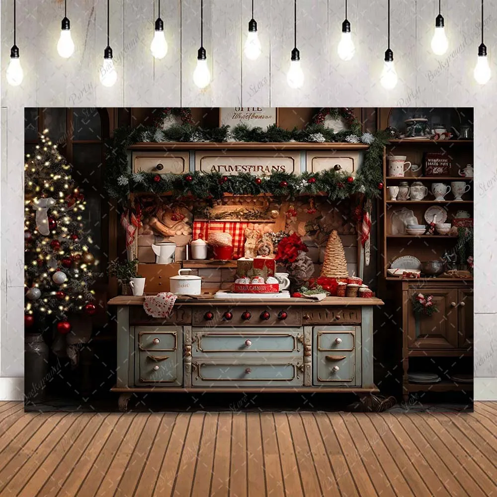 Christmas Kitchen Backdrop for Photography Cupboard Cook Background for Children Kids Portrait Photo Studio X-mas Tree Props
