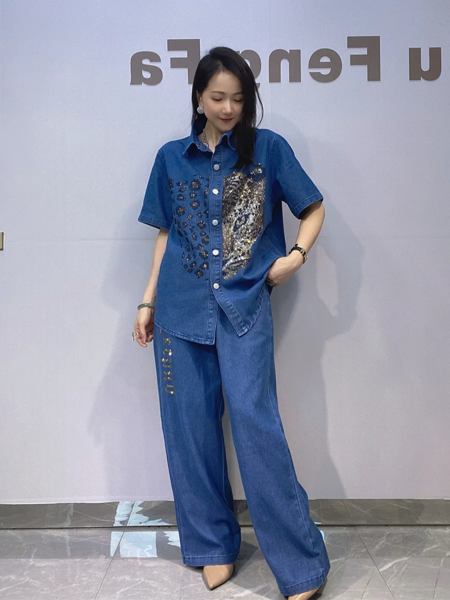 Fashion Denim Shirt 2 Piece Sets Summer Short Sleeve Blouse Wide Leg Pants Women Outfits Leopard Diamonds Denim Pant Set Outfit