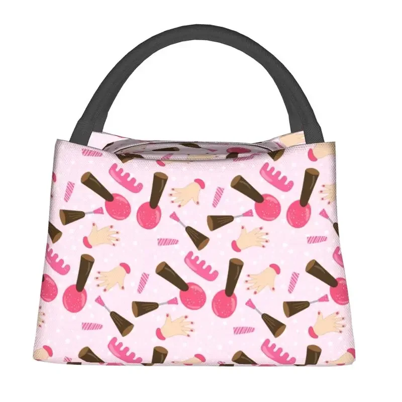 Custom Cute Pink Nail Polish Pattern Lunch Bag Women Cooler Warm Insulated Lunch Boxes for Picnic Camping Work Travel