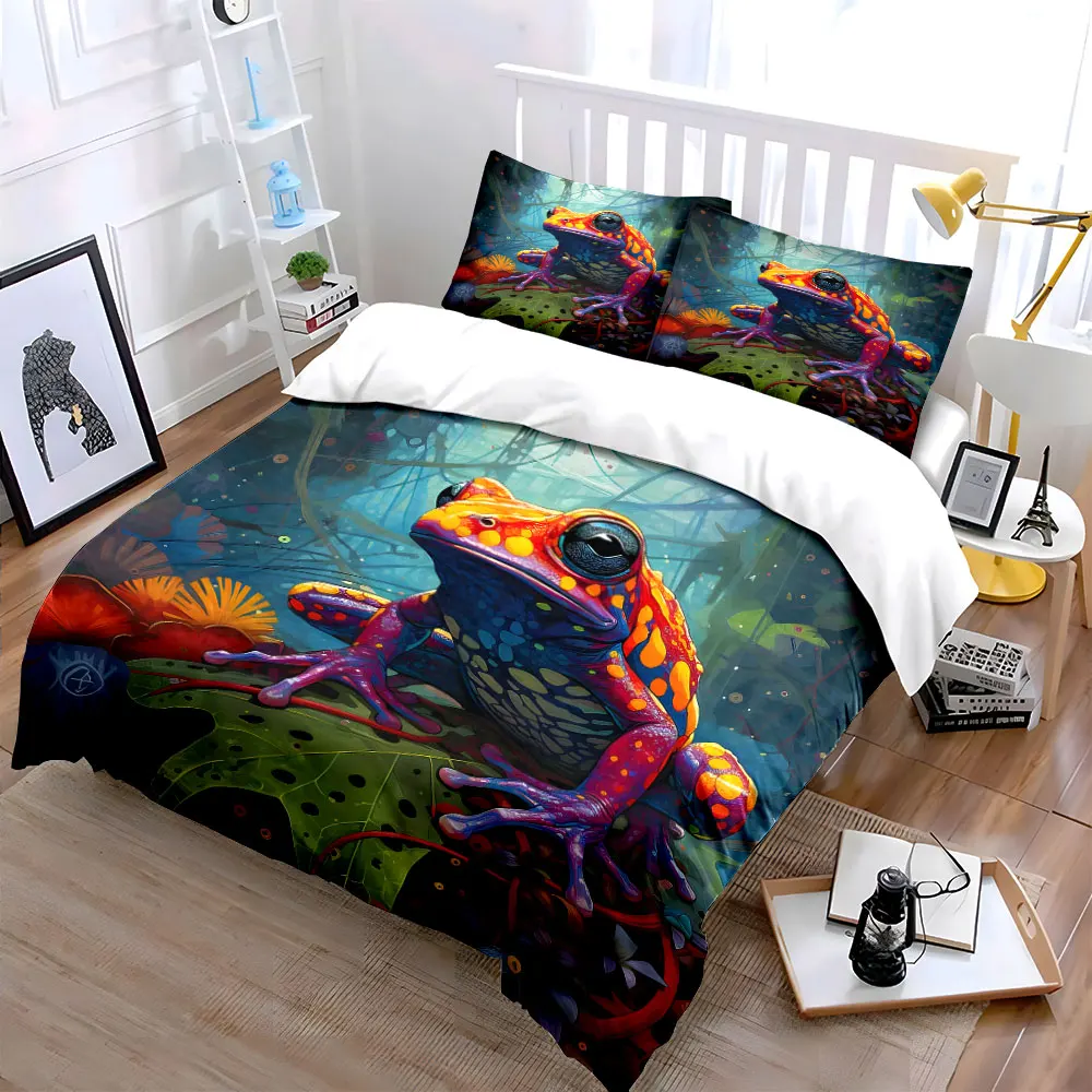 Colorful frog resting on leaves Print Bedding Set 1 Duvet Cover 2 Pillowcases for Adult and Children Luxury Gift Full Size