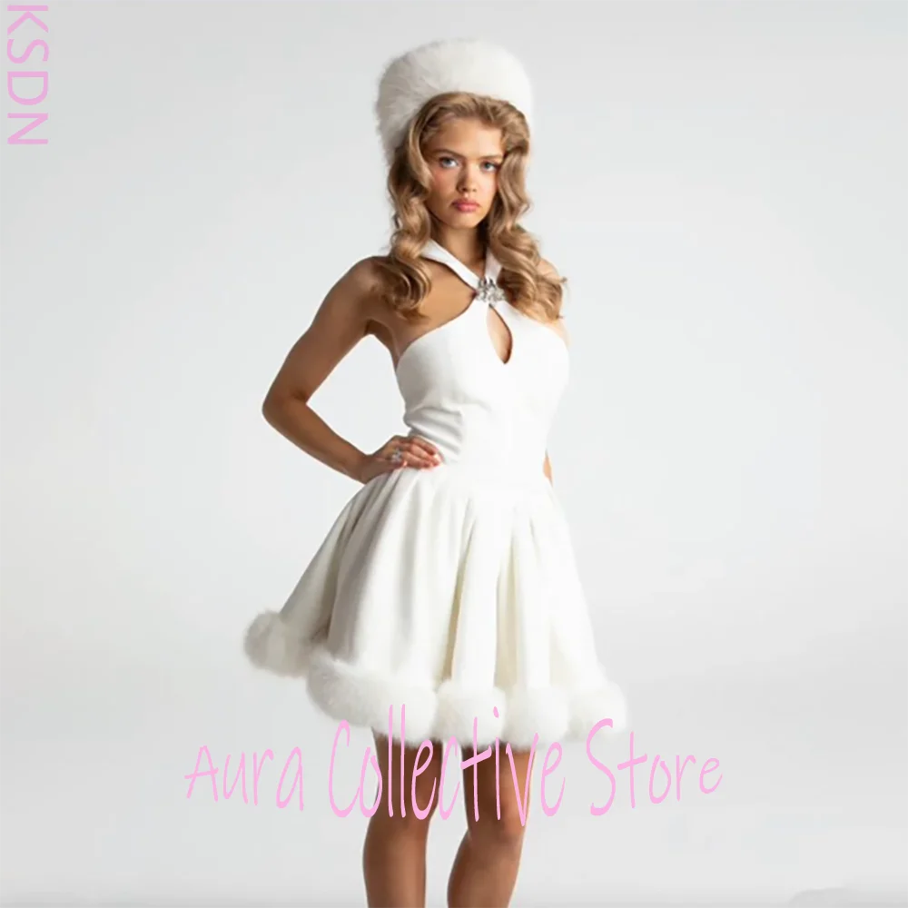 

Элегантное женское белое мини-платье с лямкой на шее и отделкой из искусственного меха, винтажное платье без рукавов с вырезом, простой наряд для вечеринки по случаю дня рождения