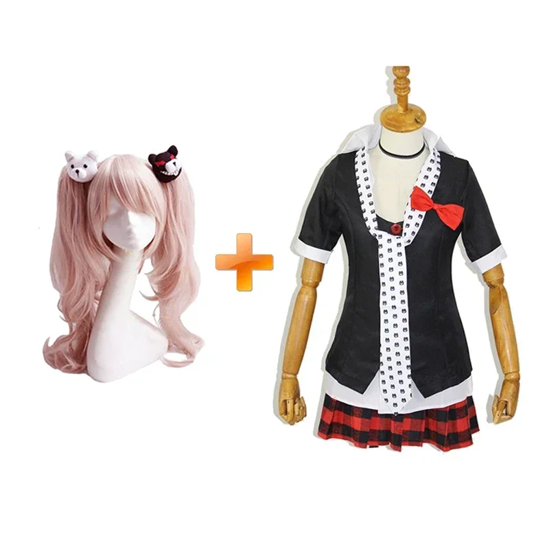 

Dangan Ronpa Enoshima Junko Cosplay Costume Pink Long Wig With Bear Hairpins Danganronpa JK School Girl Skirt Set Shirt