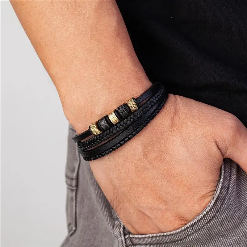 Luxury Stainless Steel Beaded Bracelet for Men Classic Multilayer Braided Leather Bracelet Fashion Men\'s Jewelry Gifts