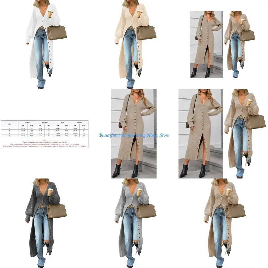 

E56A Модный вязаный макси-кардиган с V-образным вырезом и пуговицами, зимнее пальто, платье для женщин