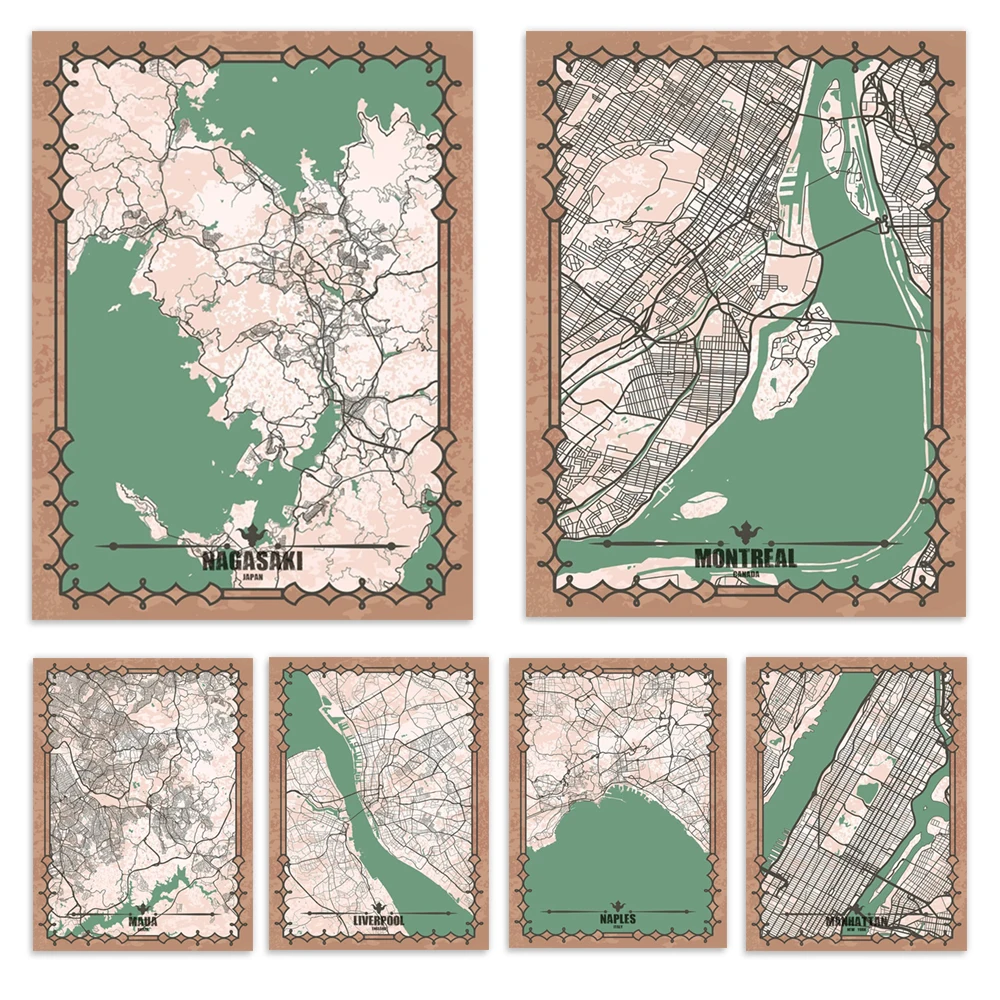Nagasaki, Munich, Manhattan, Mount Vernon, Montreal, Marseille, Mauer, Liverpool, Lackawanna, Naples, New York State map poster