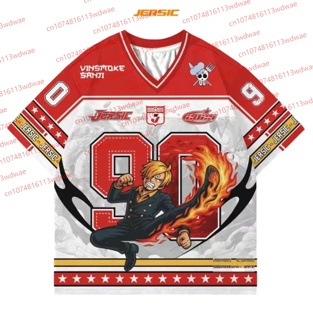 Camiseta de manga corta de Anime japonés de una pieza Sanji, Top con estampado de patada de fuego Unisex, Camiseta deportiva holgada con cuello en V para verano, camiseta de Cosplay para niños