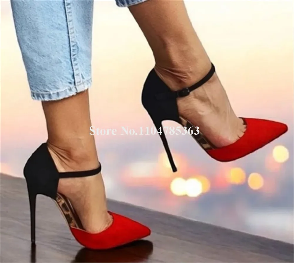 

Elegant Red Patchwork Black Suede Stiletto Heel Pumps Sexy Pointed Toe Shallow Cut-out Ankle Strap Thin Heel Dress Shoes