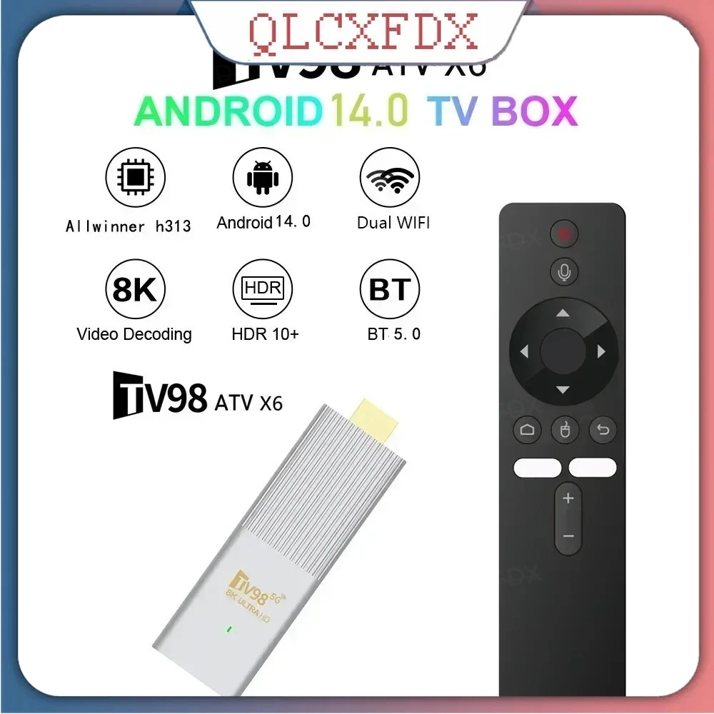 8K Android 14 Top Box TV Stick Allwinner H313 Quad Core BT5.0 Dual band WIFI Set-Top Box with Smart Voice control Remote Control