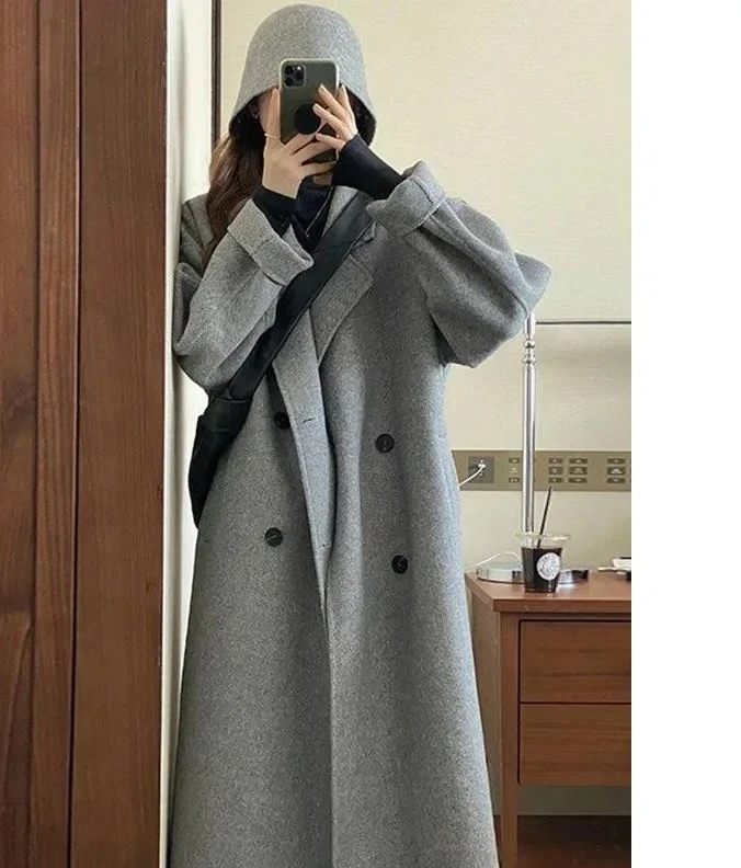 

Серое двустороннее кашемировое шерстяное пальто в корейском стиле, женское пальто средней длины, осень-зима, новая мода, маленький размер