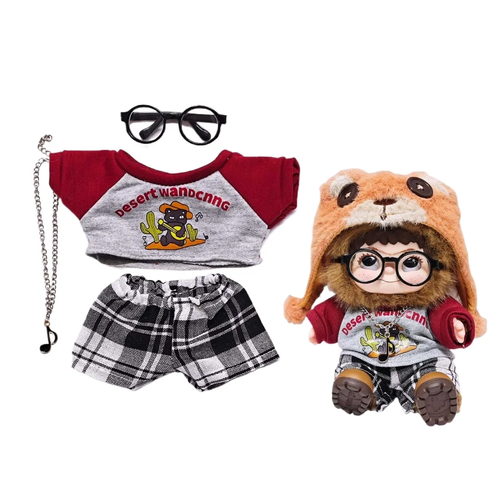 

For 17cm Labubu Clothing Outfit T-shirt Pants Glasses Necklace Dolls Accessories Changing Dress Playing House Game DIY GIft Toys