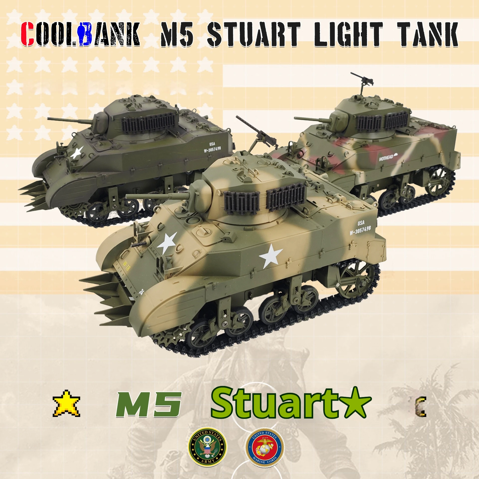 Kubinker M5A1 simulación a escala completa tanque eléctrico controlado a distancia juguete de modelo de vehículo marino multifuncional