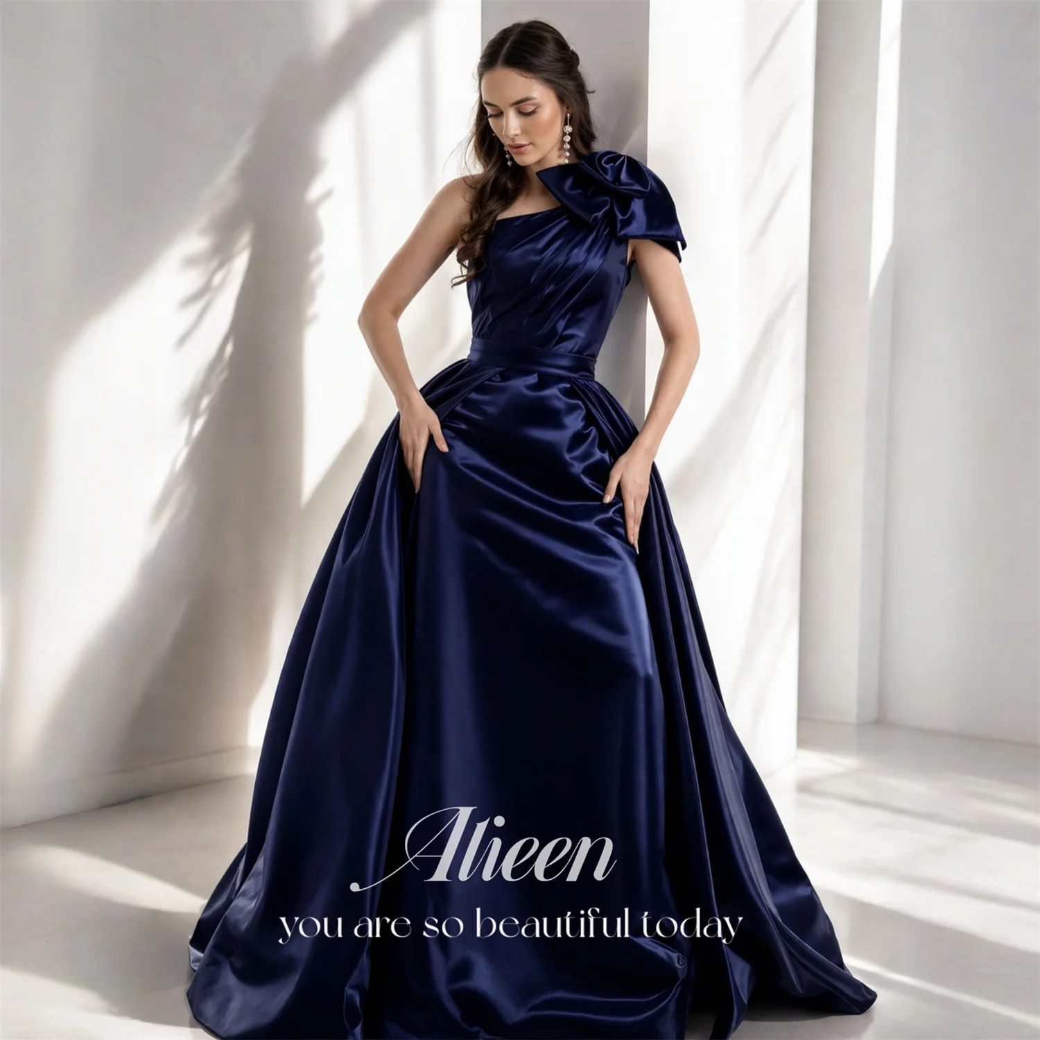 

Evening Dress Women Navy Satin Ball Gown Bow Formal Events Aileen Sleeveless Floor-Length 2026 Customized Robes de Soirée