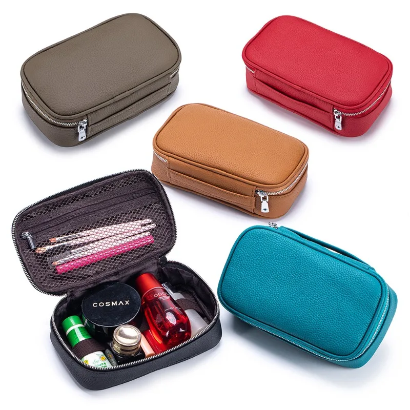 Multi-Purpose Genuine Leather Cosmetic Pouch, Travel Organizer Bag for Toiletries, Makeup Brushes, Skincare & Small Accessories
