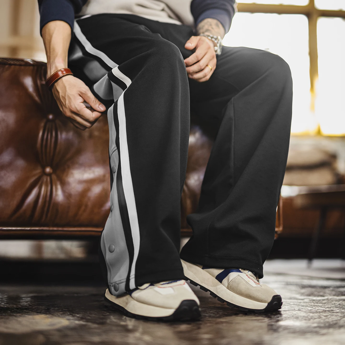 

Maden Men's Black Basketball Track Pants Straight Leg Side Stripe Elastic Waist Casual Baggy Sports Sweatpants