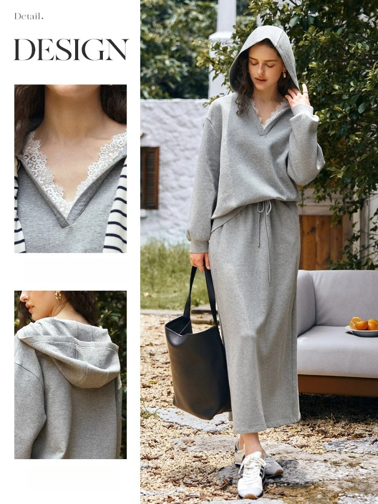 OLrain Casual Hooded Sweatshirts Woman Lace Panels V-neck Loose Knitted Hoodies 2025 Autumn Woman Fashion Clothes O57QR001082