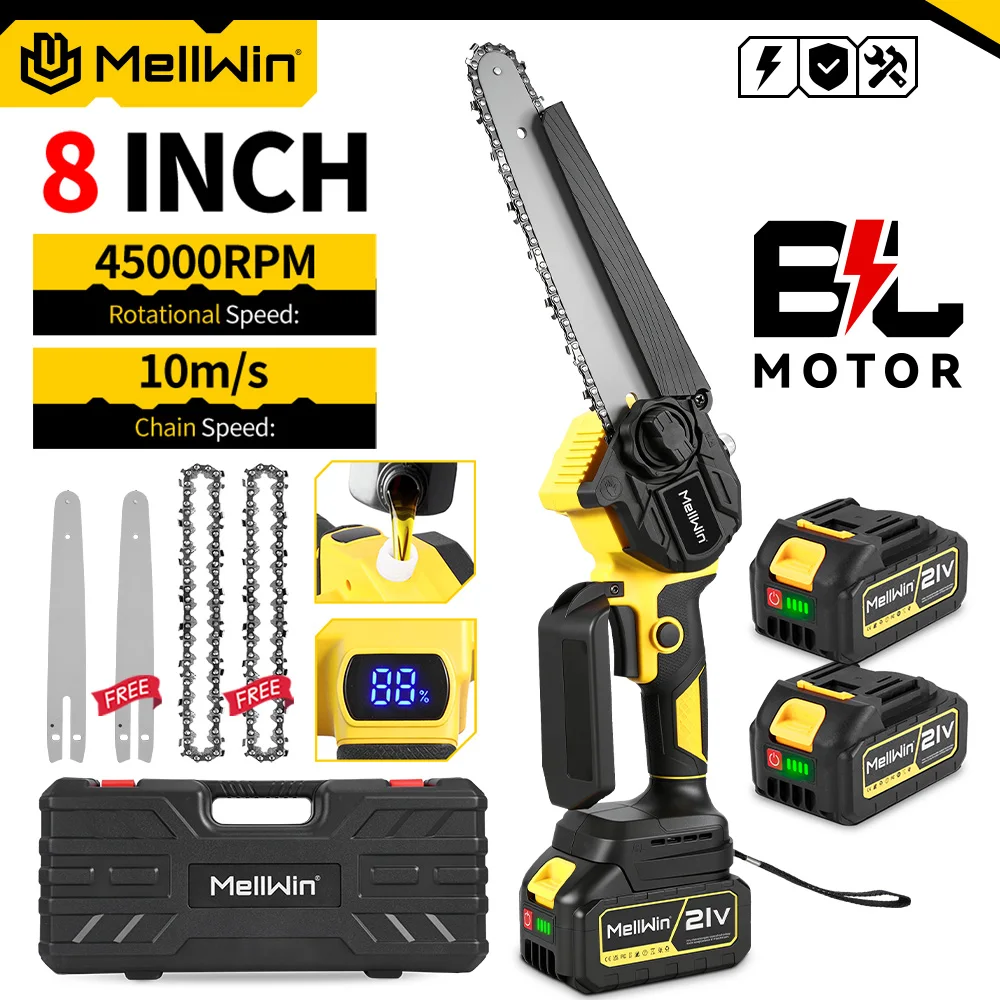 MELLWIN Bürstenlose 8-Zoll-Akku-Elektrokettensäge, tragbare Holzschneide- und Baumschnittsäge, Gartengerät für Makita 18V Akku