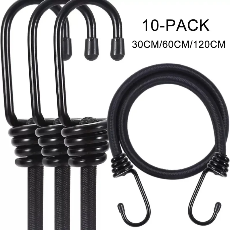 10PCS Bungee Cords 30cm/60cm/120cm Heavy Duty Outdoor Bungee Straps with Hooks Black Bunji Cord 7mm Thickness for Securing Tarps