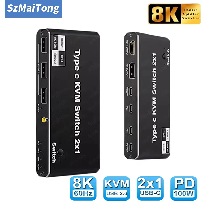 HDMI 2.1 8K 2x1 Thunderbolt 4 USB C KVM Switch 100W PD Charge 4K 144Hz Type C KVM Switch Switcher for 2 Laptop Macbook 1 Monitor